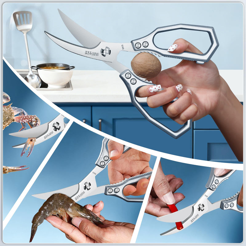 HUUSK Silver Kitchen Scissors Set - Sharp Seafood Scissors & Heavy Duty Poultry Shears for turkey, poultry joints,Crab, Shrimp, Lobster, Nuts - Gift Box White Set of scissors