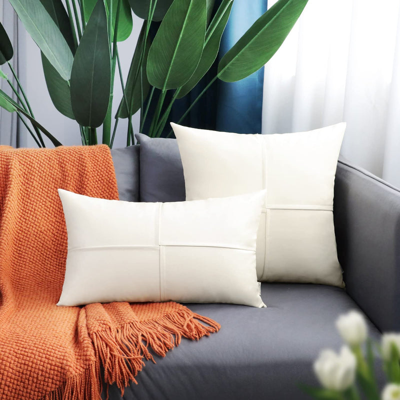 BRAWARM Faux Leather Throw Pillow Covers 22 X 22 Inches, Cream Leather Pillow Covers Pack of 2, Hand Stitched Leather Decorative Throw Pillows for Couch Sofa Bed Living Room Home Garden 22" x 22" (Pack of 2)
