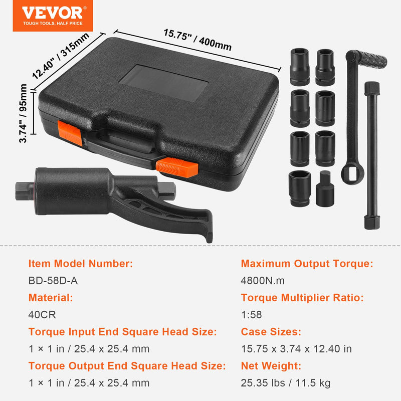 VEVOR Torque Multiplier, 1 Inch Drive Lug Nut Wrench/Multiplier Heavy Duty Torque Multiplier Wrench Set, 1:58 4800N.m Lug Nut Remover, Includes 8 Sockets (24-38mm) and Storage Case 1:58 8 Sockets