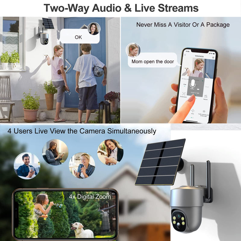 Solar Security Cameras Wireless Outdoor, Mulit-Functional Home Security WiFi Camera with PIR Motion Detection & Floodlight, Weatherproof for Garden Front/Back Yard (2.4G WiFi Camera Grey)