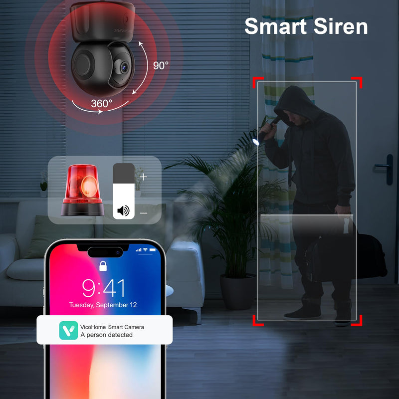 GOLSPARK Dog Pet Camera for Home Security 2K,2.4GHz WiFi Camera Baby Monitor for Room with Motion Tracking Detection Night Vision,Two-Way Audio SD/Cloud Storage Black-2Pack