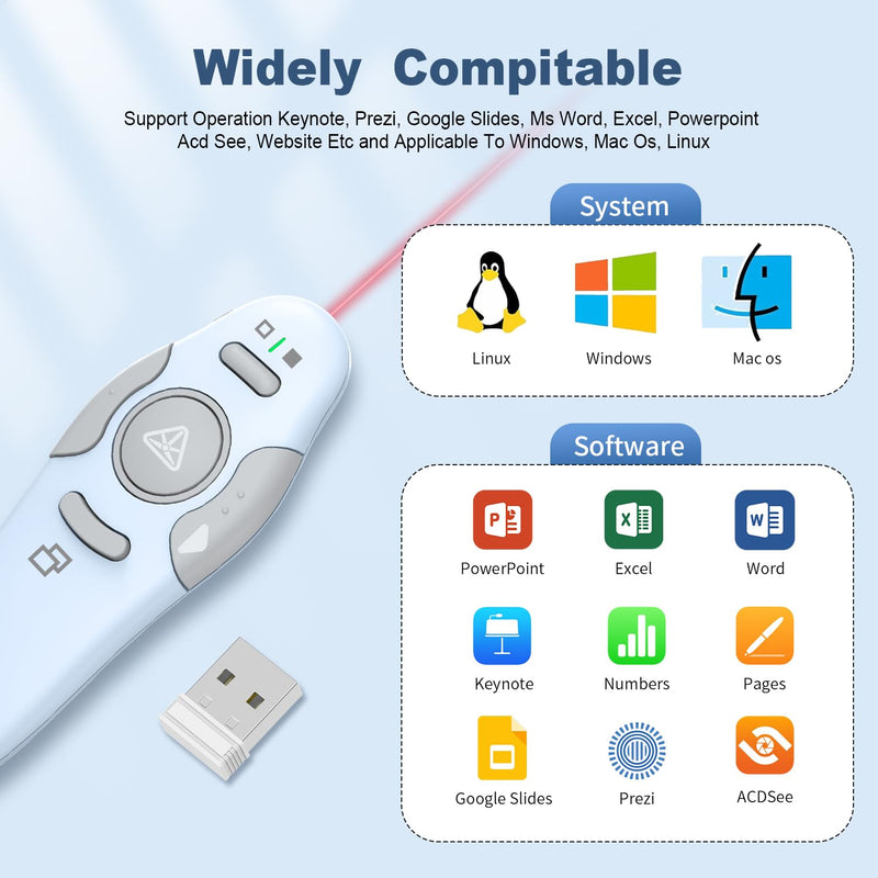 QUI 2 Pack Wireless Presenter PowerPoint Clicker, RF 2.4GHz USB Presentation Clicker for Google Slides, Keynote, Mac, Windows (USB, Blue)