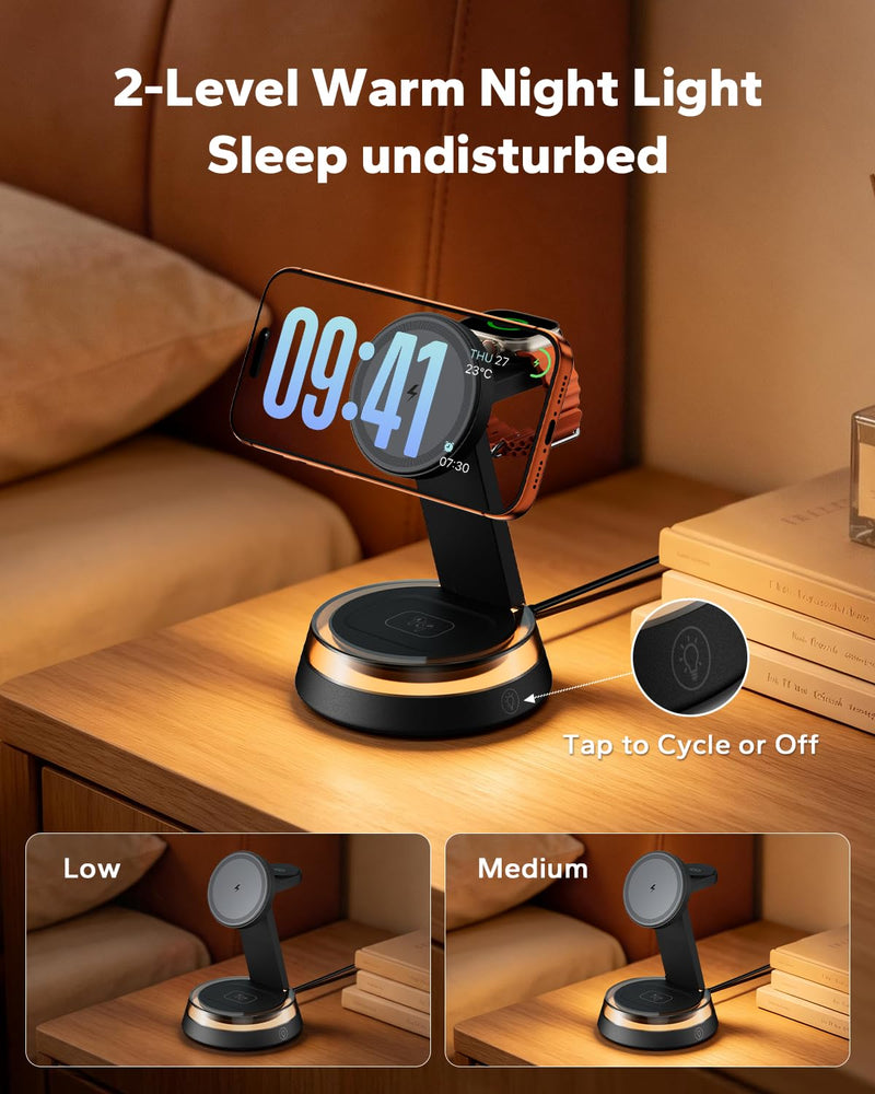 3 in 1 iPhone Nightstand Charging Station for MagSafe, 15W Fast Wireless Charger Stand with Night Light for Desk, Charging Dock for iPhone 17 16 15 13 12 / Apple Watch/AirPods, with 30W Adapter