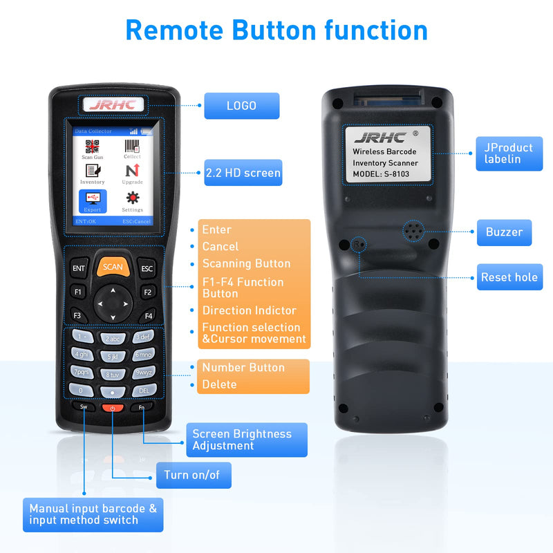 Inventory Barcode Scanner, Wireless Barcode Scanner 1D 2D & PDF417 Data Collector Portable Data Terminal Inventory Device with 2.4G Wireless & USB Wired Connection Bar Code Scanners S-8103T