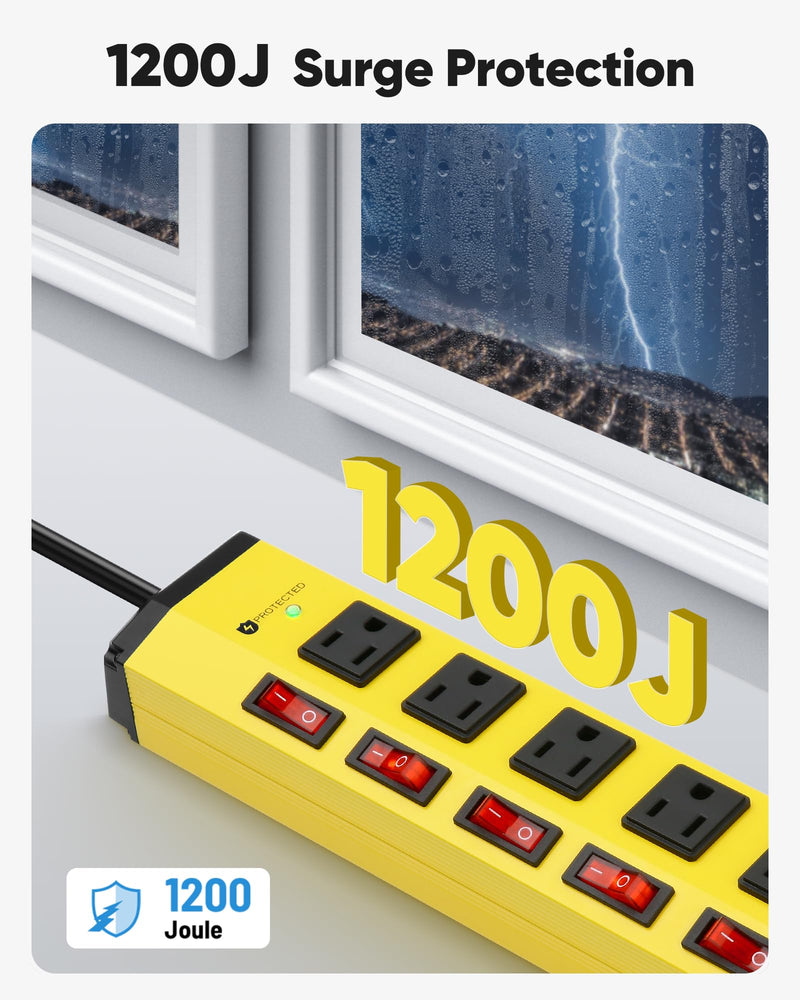 KeBen Heavy Duty Surge Protector,6 Outlets Individual Switches,6FT/15A | Surge Protector with 1200J,Flat Plug Design,Wall Mountable Metal Power Strip for Appliance,Workshop,Garage-14AWG/1875W 6FT 1