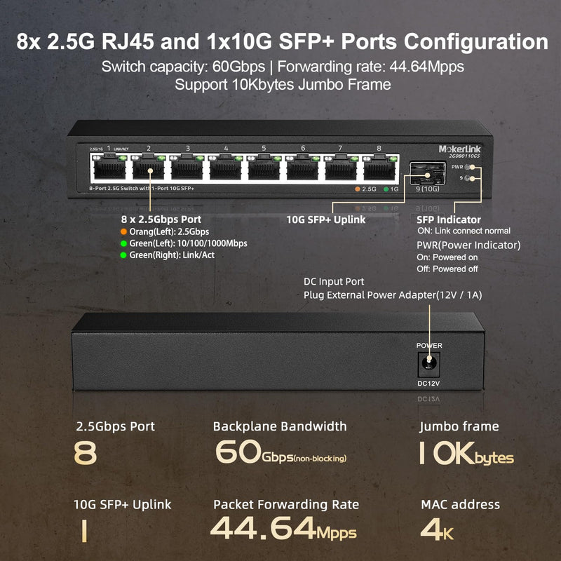 MokerLink 8 Port 2.5Gigabit Ethernet Switch with 10G SFP Slot, 8 x 2.5G Base-T Ports Compatible with 10/100/1000Mbps, Metal Unmanaged Fanless Small Network Switch 8x2.5G + 10G SFP+
