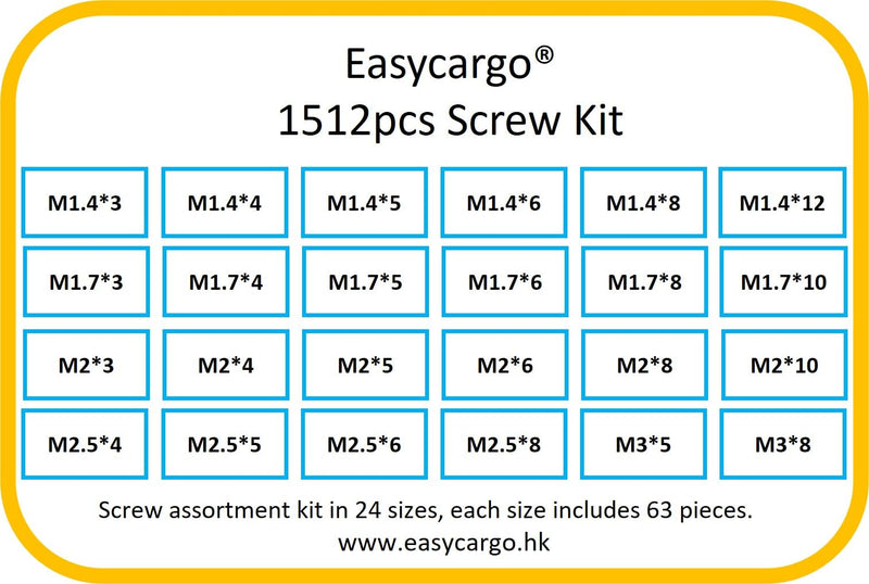 Easycargo 1512pcs Screw Assortment Kit, 24 Sizes Replacement Computer Notebook Miniature Screws, M1.4 M1.7 M2 M2.5 M3 Laptop Motherboard Phillips Screws Set