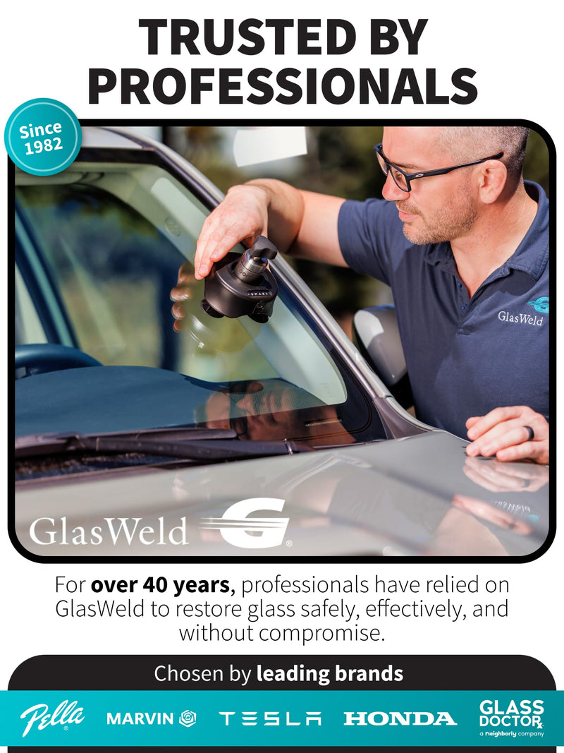 GlasWeld Windshield Repair Resin – Liquid Auto Windshield Chip Repair Kit for Glass Crack & Damage – Clear Tint for Reduced Visibility – All-Weather Liquid Resin with Zoom Injector & UV Curing Lights Clear - All Weather