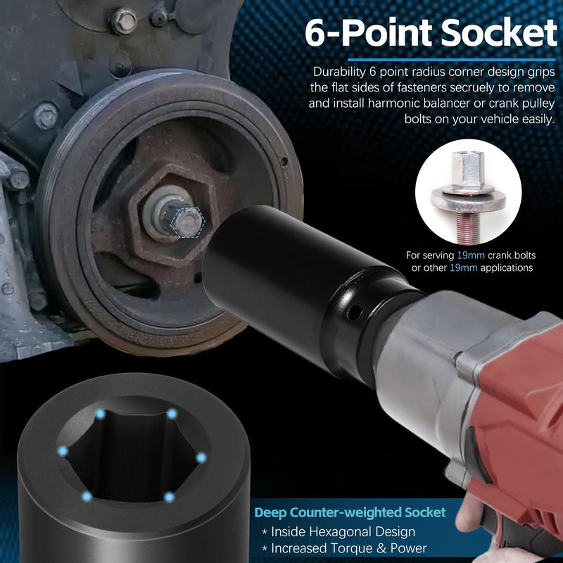 Harmonic Balancer Socket Tool 77080 for Honda 19mm Crank Bolt Socket, 3 Times Momentum Power of Standard Impact Sockets, Deep Counter-Weighted Design Increased Torque