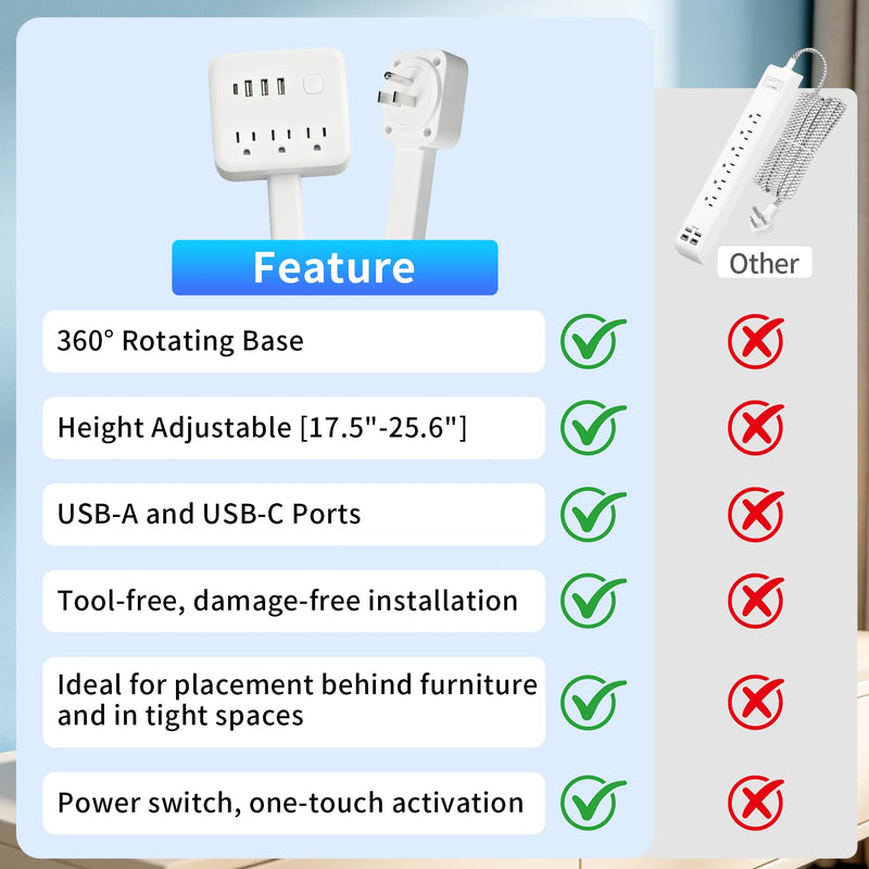 180° Rotating Outlet Extender Stick with 3 AC & 4 USB | Telescopic Extension, Behind Couch Space Saving, Surge Protector, 6-in-1 Multi Plug Wall Splitter Charging Station