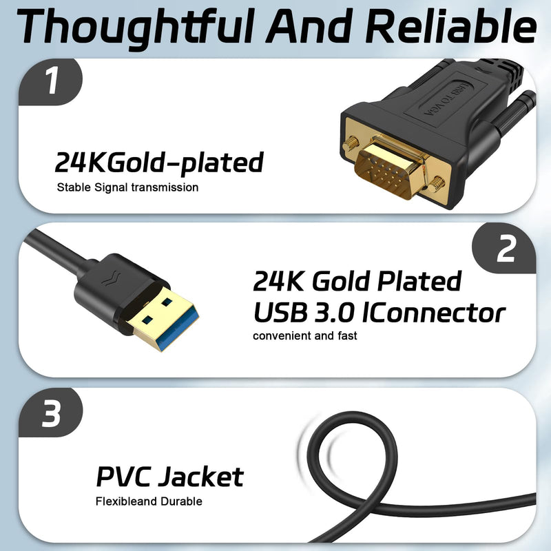 LBSC USB to VGA Adapter for Monitor，USB to VGA Adapter，USB 3.0 to VGA Male 1080P Monitor Display Video Adapter/Converter Cord,Compatible with Mac OS Windows XP/Vista/10/8/7, 5FT