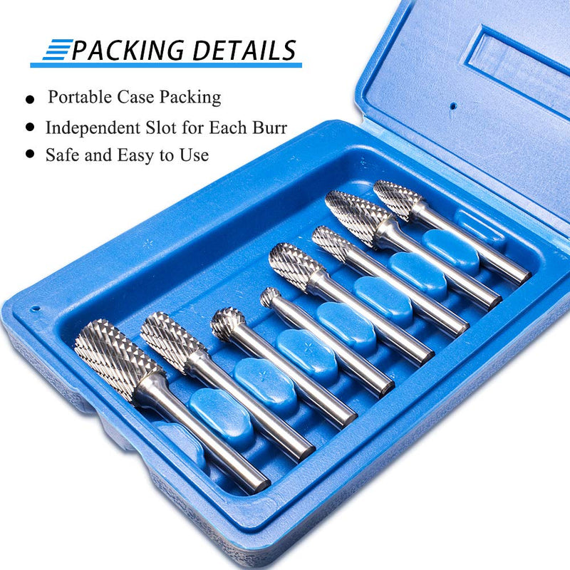 TJATSE Professional 8-Piece Double Cut Carbide Rotary Burr Set 1/4" Shank with Tool Carry Case, for Die Grinder Drill, Metal Wood Carving, Engraving, Polishing, Drilling