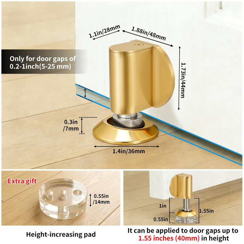 AIMAXINKE Magnetic Door Stoppers, Magnet Door Stop - Stainless Steel Door Catch, Retractable Bottom of Door Holder Suits Gaps Within 1.5" Keep Door Open, No Drill 3M Adhesive & Screws - Golden2 Pack Golden2Pc
