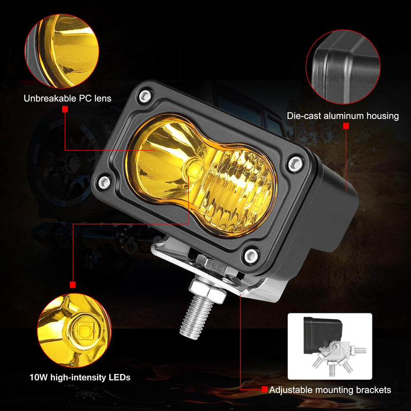 LED Pods Amber, 2Pcs 40W 3 Inch Driving Light Pod Yellow Off Road Bumper Lights Super Bright LED Work Light Cube Waterproof Combo Fog Light for Truck ATV UTV SUV Motorcycle Boat Yellow Combo