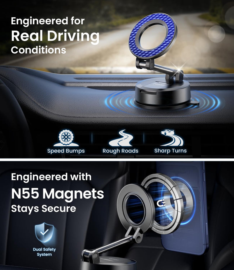 for MagSafe Car Phone Holder for Tesla Model 3/Y, Extended-Reach Arm Magnetic Mount for iPhone 17/16/15/14/13/12, 80+LBS Vacuum Suction Cup Mounts for Tesla Screen & Dashboard (Navy Blue) Navy Blue