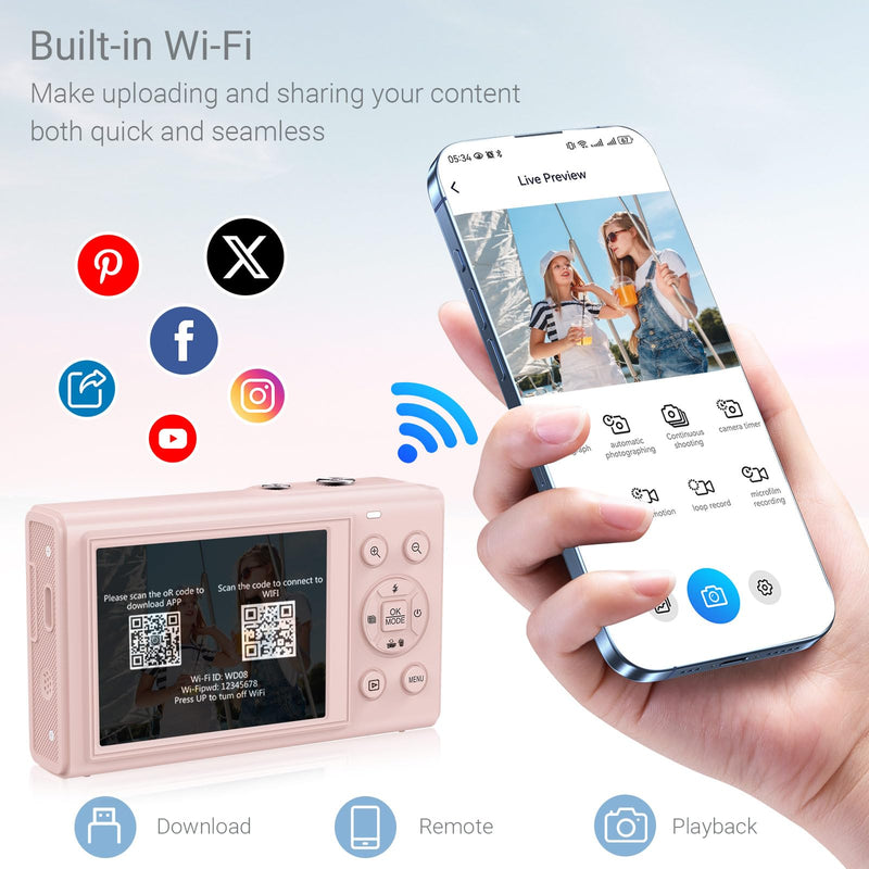 5K Digital Camera for Photography, 80MP Dual Screen Vlogging Camera for YouTube with WiFi, 16X Digital Zoom, Beauty Function, 2.8-inch Screen, Fill Light Includes 32GB Card & 2 Batteries (Pink) Pink
