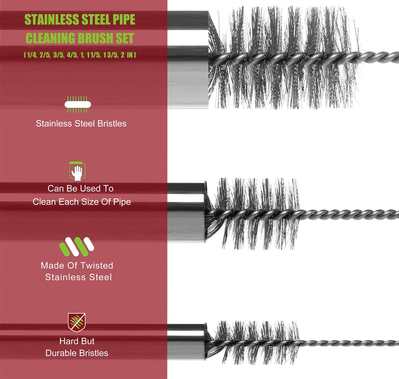 16 Inch Extra Long Pipe Cleaning Brush Set Stainless Steel Bristles, Stainless Steel Pipe Brush Steel Bottle Brush 8 Piece Variety Pack for Auto Parts, Bottles,Tubes, Etc. 16 Inch