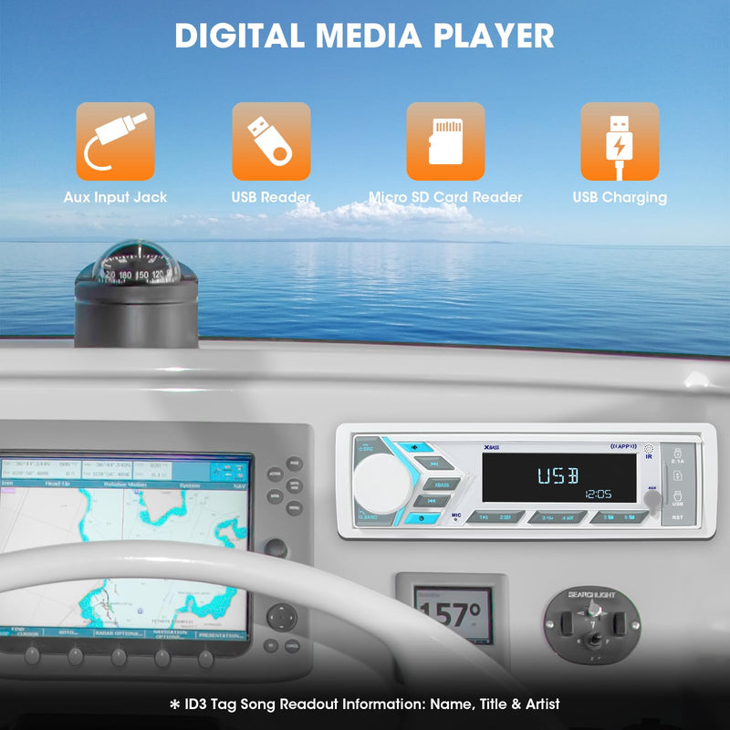 Single Din Marine Radio Bluetooth: Boat Stereo Receiver - Push to Talk Assistant Digital LCD Screen AM FM Tuner 4 Volts Preamp Outputs 2 Subwoofer Ports USB Charging Aux-in Remote Control White Single Din Marine Radio