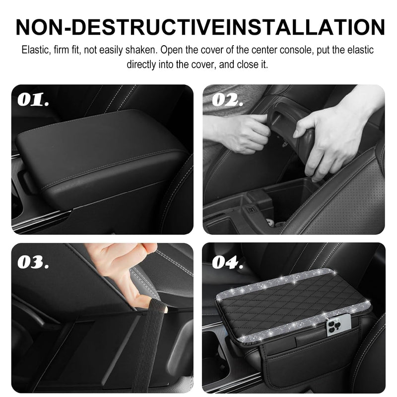 NBTEPEM Bling Car Center Console Cover, Leather Car Arm Rest Cover Cushion with 2 Storage Bags, Universal Auto Armrest Protector Storage Box, Bling Accessories Interior for Most Vehicles (Silver) Silver Diamond