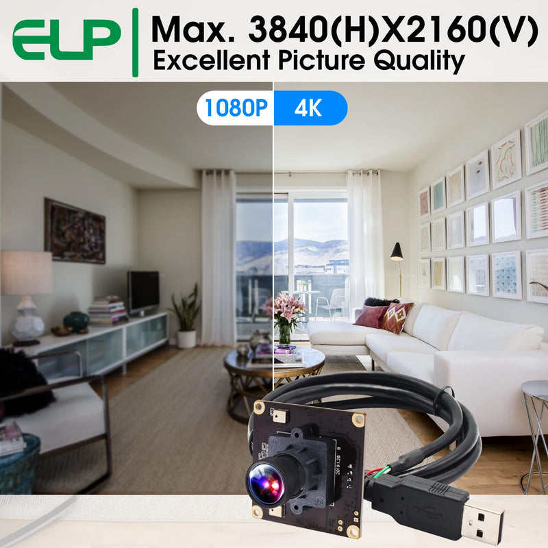 ELP 4K USB Camera Module with Microphone for Computer - 8MP Industrial Lightburn Camera IMX317 - 100 No Distortion Lens 100degree No Distortion Lens