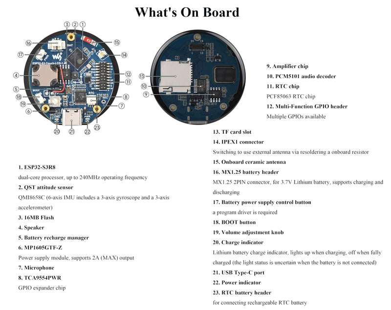 ESP32-S3 1.46inch Round Touch Display Development Board, 412x412 IPS LCD, Onboard Speaker and Microphone/Audio Input and Output, Supports Offline Speech Recognition and AI Speech Interaction