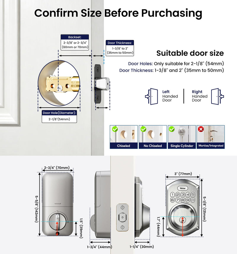 Veise VE001 Keyless Entry Door Lock with Keypad, Electronic Keypad Deadbolt for Front Door, 20 User Codes & One-Time Passcode, Auto Lock, IP55 Waterproof, Easy Installation for Home Apartment Rental Satin Nickel