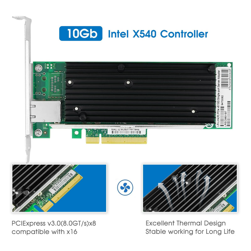10Gb PCI-E NIC Network Card,Single Copper RJ45 Port with Intel X540-T1 Controller,PCI Express v3.0 X8,Ethernet Adapter for Windows Server/Windows/Linux/ESX,Compare to Intel X540-BT1