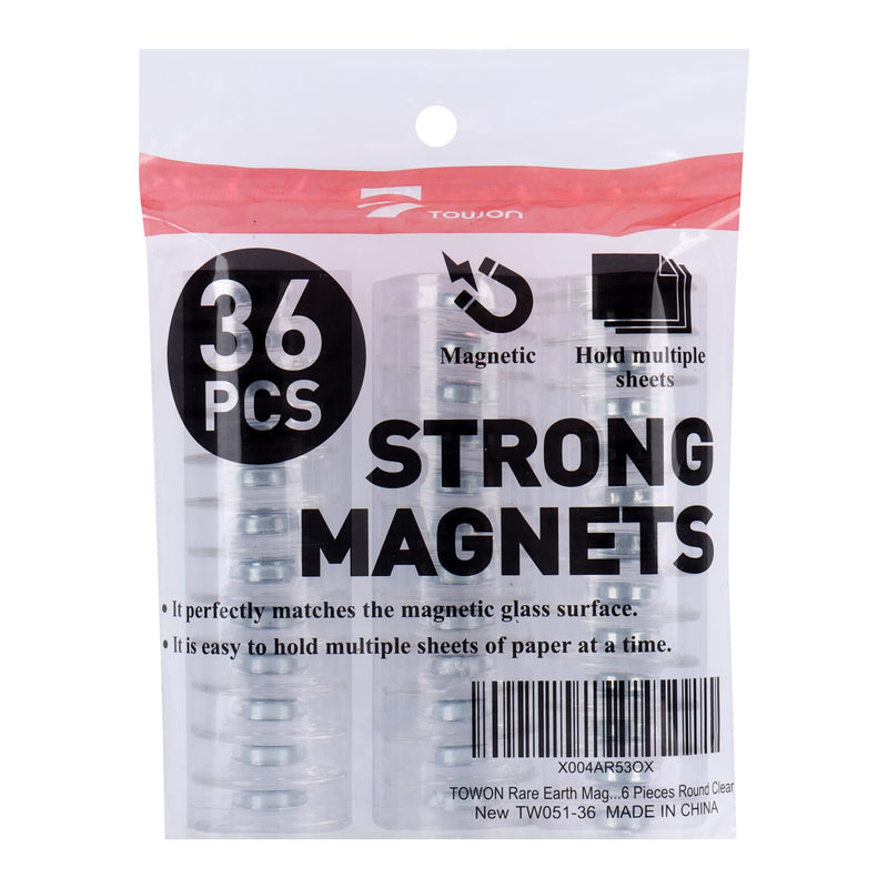 TOWON Rare Earth Magnets Large, Strong Magnets for Glass Whiteboard and Dry Erase Board, 36 Pieces Round Clear Transparent 36