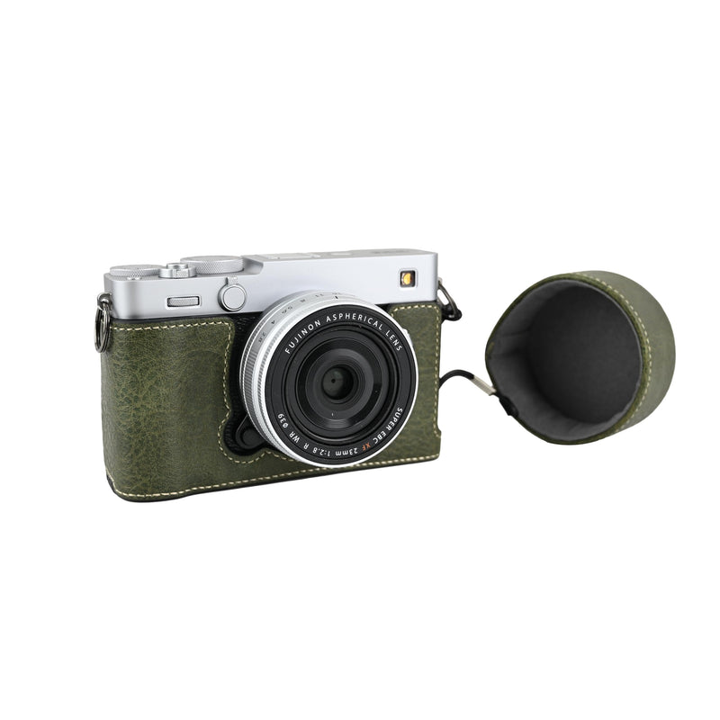 X-E5 Case, Handmade PU Leather Half Camera Case Bag Cover Bottom Opening Version for Fujifilm X-E5 XE5 With Neck Strap Lens Cover (Green) Green