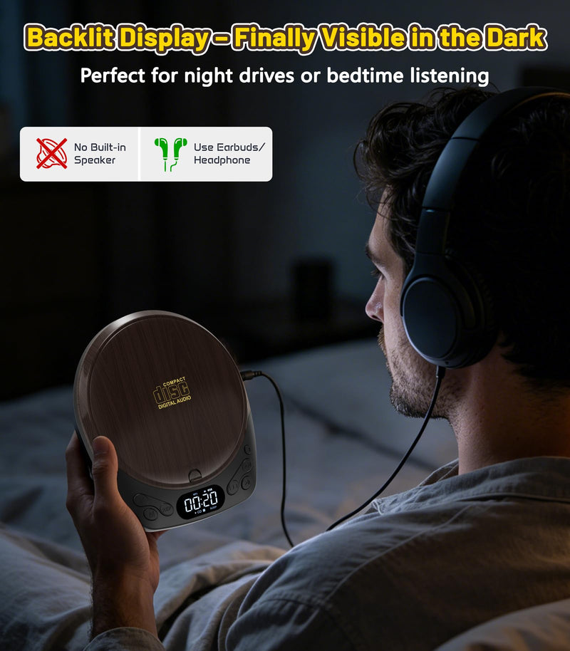 Gracioso Rechargeable Portable CD Player with Headphones for Car & Home | CD/MP3/Micro SD/AUX Out Supported, Retro CD Player, 60s Anti-Skip, Lock/Programmable/Timer, No Built-in Speakers (Walnut Walnut CD Player with 1200mAh Rechargeable Battery