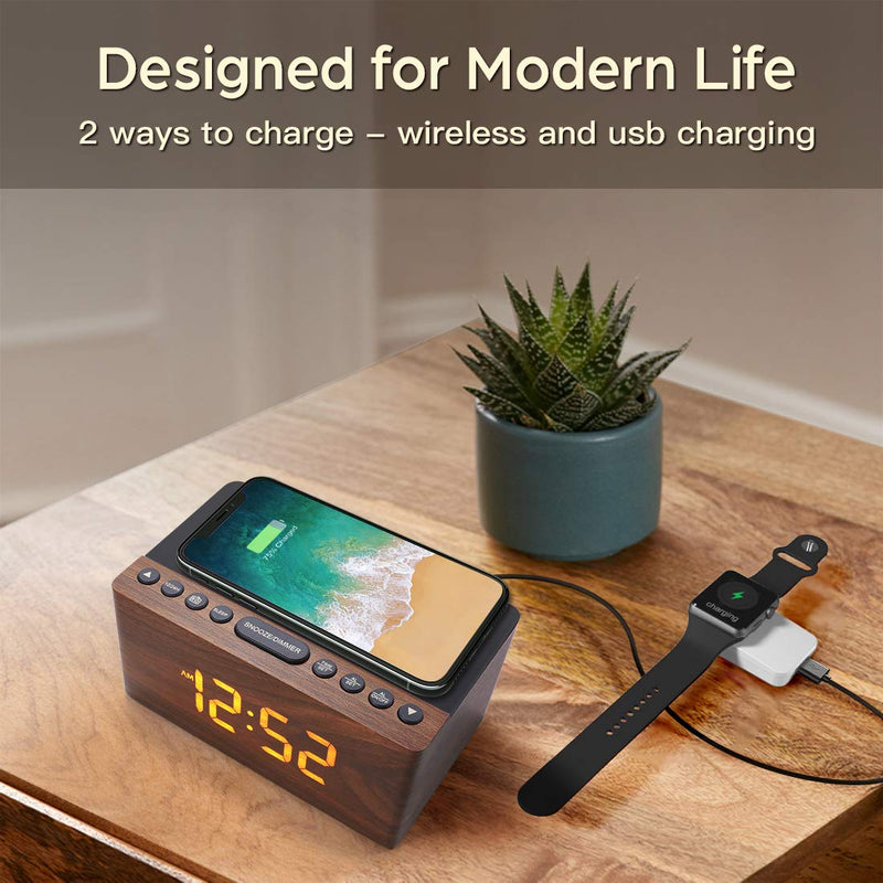 ANJANK Wooden Digital LED Alarm Clock FM Radio, Fast Wireless Charger Station for iPhone/Samsung Galaxy, 5 Level Dimmer, USB Charging Port, 9 Sounds, Sleep Timer for Bedroom, Bedside, Desk Brown
