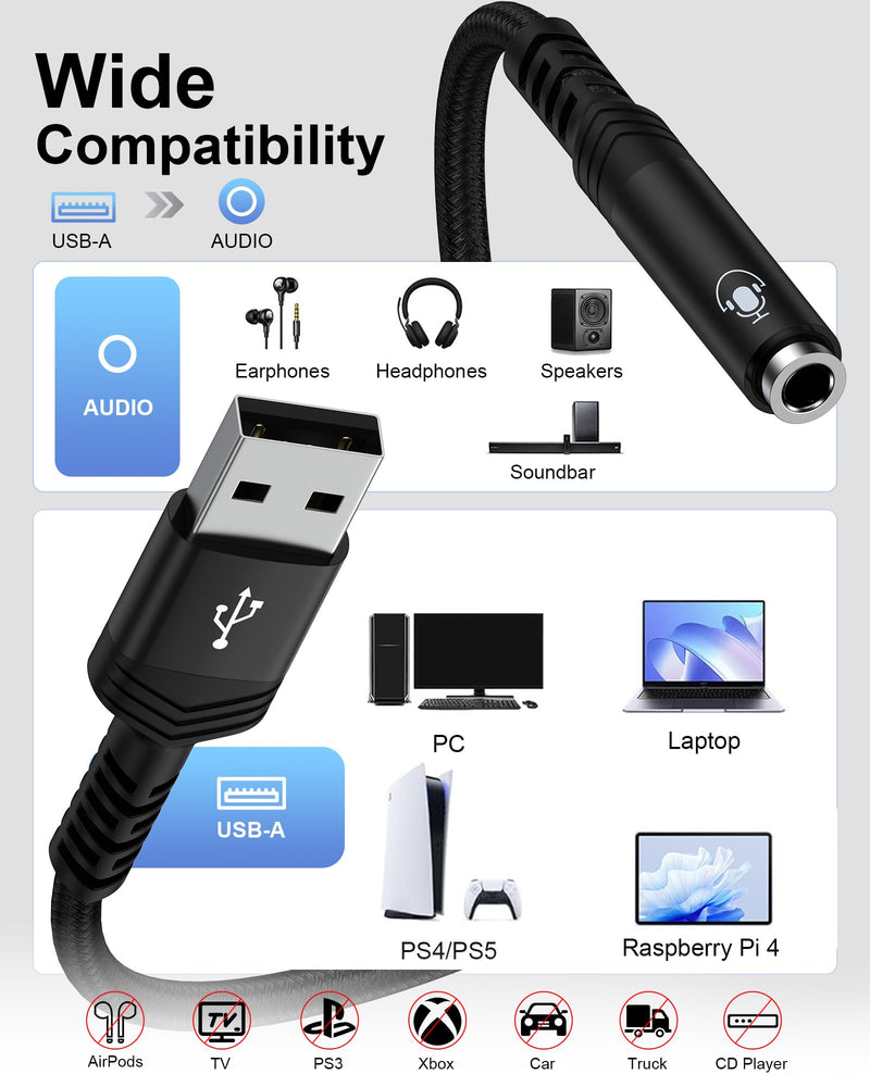 USB to 3.5mm Audio Jack Adapter, Braided USB-A Male to Aux Female Headphone TRRS Stereo Dongle Type a External Sound Card Cable Converter for PS4 PS5 Headset Laptop Mac Linux Desktops Windows -Black Black