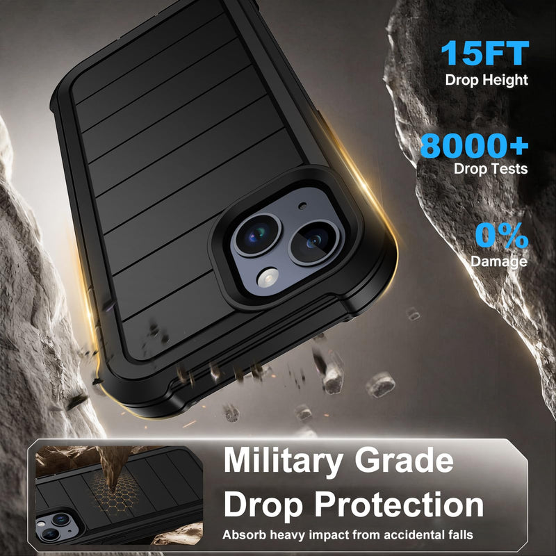 for iPhone 14 Case/iPhone 13 Case with Belt Clip Holster Screen Protectors, Heavy Duty Military Grade Shockproof Protection Rugged Anti-Drop Kickstand Phone Cover for Apple 14/13 (Black) Black