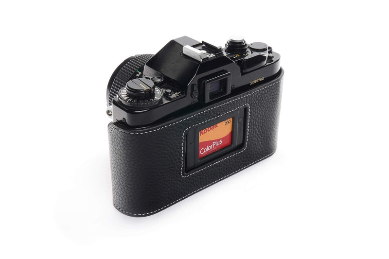 A-1 Case, BolinUS Handmade Genuine Real Leather Half Camera Case Bag Cover for Canon New AE-1 AE-1P A-1 (with Handle) Camera with Hand Strap (Black) Black
