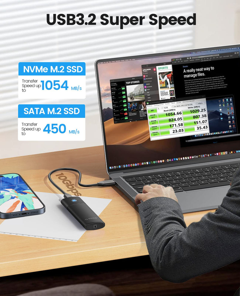ORICO M.2 NVMe SATA SSD Enclosure Adapter 5Gbps NGFF SATA PCIe M-Key(B+M Key) 2230/2242/2260/2280 + ORICO Dual Bay External Hard Drive Docking Station