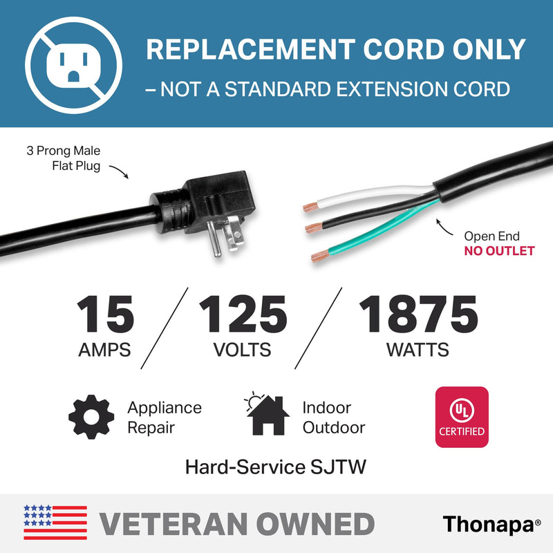 Thonapa 12 Gauge Replacement Power Cord with Open End 10 ft, 90 Degree Slim Flat Plug, 10 Foot Applaince Extension Cord 12/3 SJTW for Universal AC Appliance, Dishwasher, 15 AMP 1.0 Inches