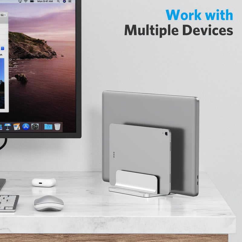 OMOTON Vertical Laptop Stand [Updated Double Version], Desktop Aluminum Mac Book Stand with Adjustable Dock Size, Fits All Mac Book, Surface, Chrome Book and Gaming Laptops (Up to 17.3 inch) (Silver) Silver