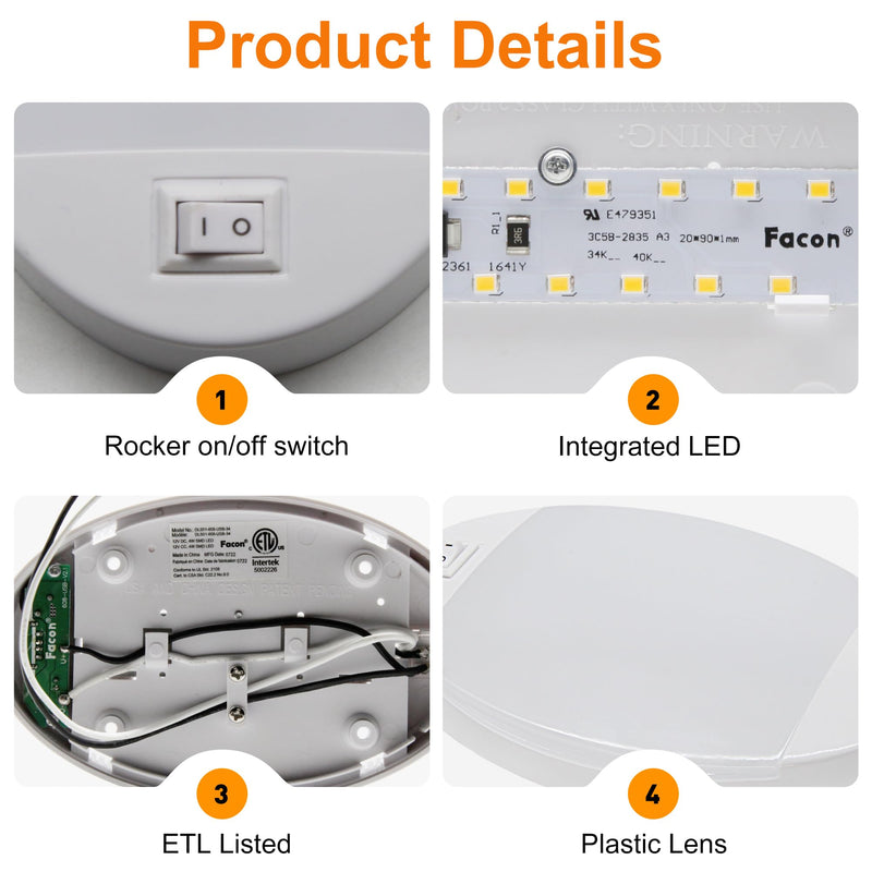 Facon 12V RV Interior Lights with Fast USB Charger (5V/2.4A) – Oval Pancake LED Ceiling Light Fixture with Switch, 12Volt Lighting for RV, Camper, Boat, Tiny Homes with Switch and USB Charger Socket