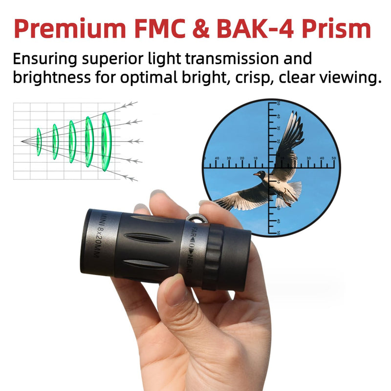 BAK-4 Prism 8X20 Monocular Telescope, Compact Telescope, High Powered Mini Pocket Monoscope, HD Handheld Monocular Scope for Adults Gifts, Designed for Bird Watching, Hiking, Hunting, Black