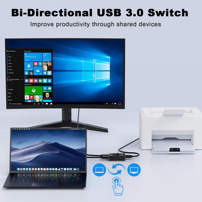 USB 3.0 Switch Selector - Bi-Directional 1 in 2 Out/ 2 in 1 Out, Share USB Devices Between 2 Computers for Printer, Keyboard, Scanner, Mouse - Compatible with Mac/Win/Linux USB Switch