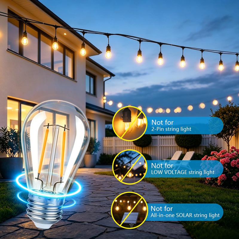 S14 Replacement LED Light Bulbs, Shatterproof & Waterproof 2W S14 LED Bulbs, Outdoor String Lights , E26 Base Patio Edison LED Light Bulbs, Warm White 2200K Plastic 150LM Non-Dimmable 48 Pack 2w 48pack