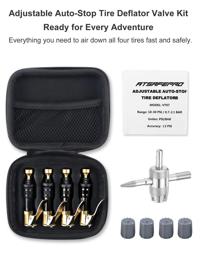 Tire Deflator with Air Chuck (10-30 PSI) – 4PCS Fast-Connect Clip-On air Down tire deflators, Adjustable Auto-Stop Offroad Accessories for Off-Road 4x4, Beach Driving & SUVs