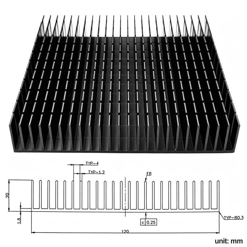 120mm Large Aluminum Heatsink 120x120x20mm / 4.72"x4.72"x0.79" Square Passive Heat Sink with Thermal Tape, Black Anodized Cooler for WiFi Router IC Power Supply Graphics Card Memory Electronic Devices