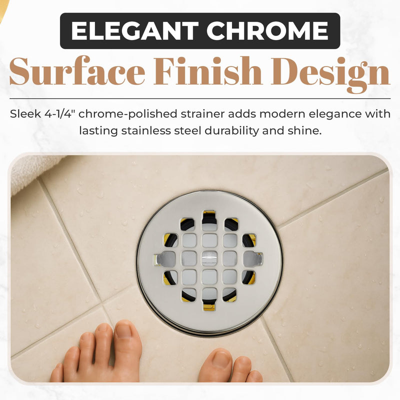 Solid Brass No-Caulk Compression Shower Stall Flange for 2" Drain Pipe with 4-1/4" Chrome Polished Stainless Steel Strainer