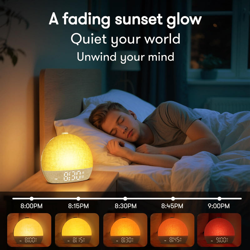 Wake Up Light Sunrise Alarm Clock, White Noise Sound Machine with 30 Soothing Sounds, Dimmable Night Lights, Sleep Aid, Snooze, Timer, Loud Alarm Clock for Heavy Sleepers Adults Kids, Ideal for Gift Yellow