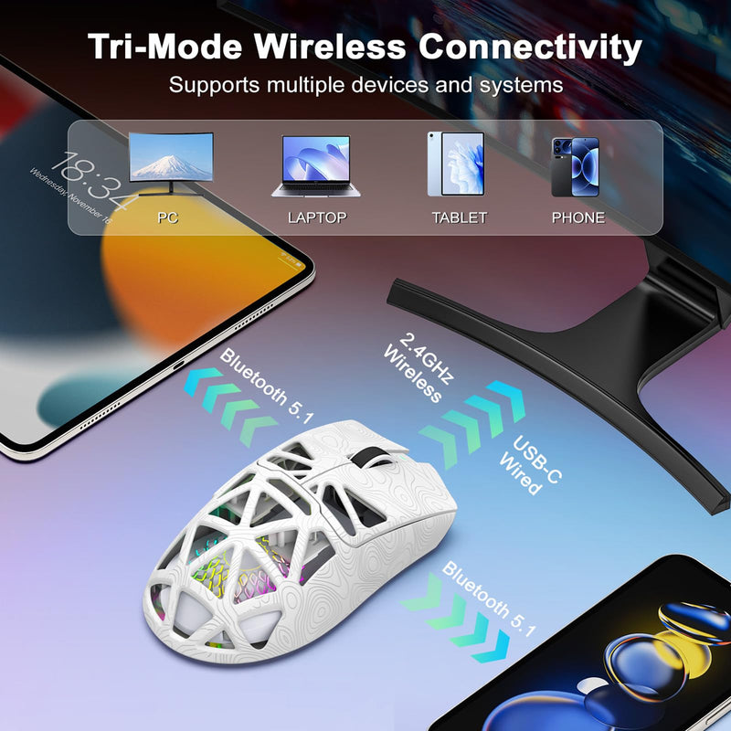 G11 RGB Wireless Gaming Mouse for Gaming Setup & Multi-Device Use, Tri-Mode Bluetooth 5.1/2.4GHz/USB-C, 22000 DPI Lightweight Programmable Mouse for PC, Laptop & Mac Line White