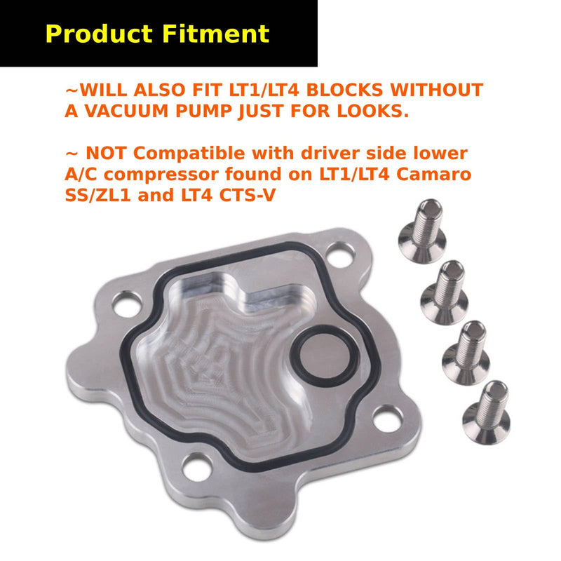 Billet Aluminum Vacuum Pump Delete Cover Plate For Oil Galley Flange 2014-Newer GEN 5 V8 LT Engines LT1 LT2 L82 L83 L83 L84 L86 L87 L8B LT4 LT5 Vortec Camaro Corvette