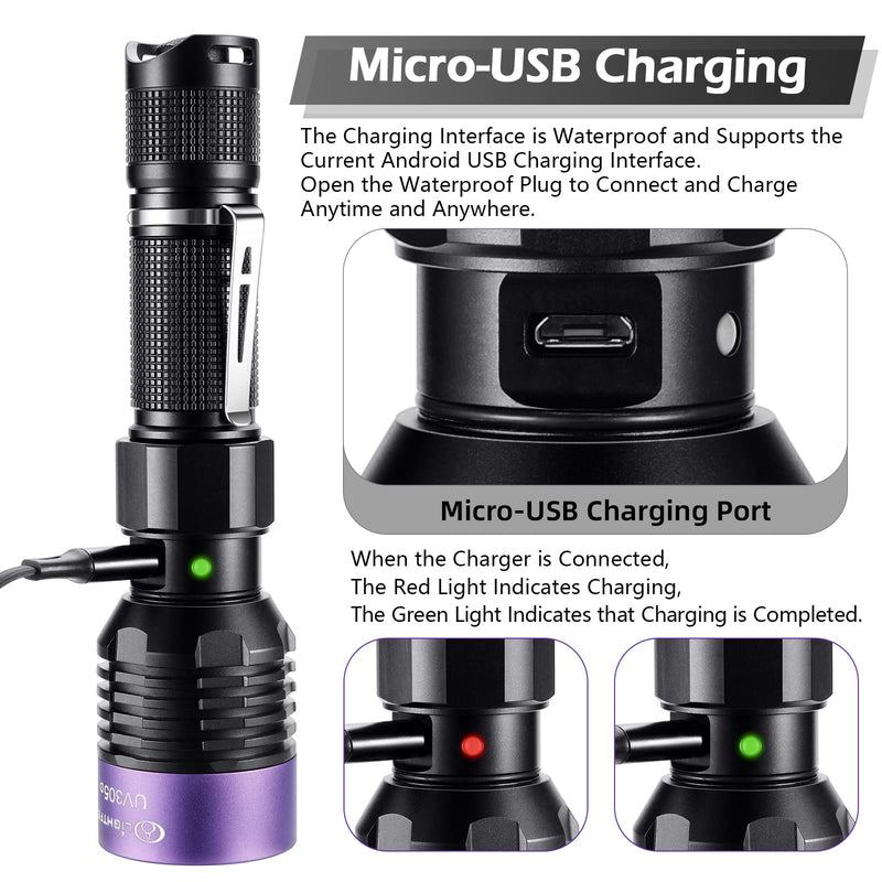 LIGHTFE UV305 High-Power UV Flashlight USB Rechargeable, Used for Hunting Ore, Scorpion and UV Glue Curing, Checking Pet Urine Stains, Identifying Currency, Official Anti-Counterfeiting Documents… UV305D