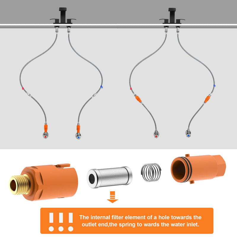 TIORIY 2 Pack Sediment Water Filter G 3/8 (9/16") with Hose, Conncet Angle Valve, 35 Micron Reusable Under Sink Inline Water Filter with 12in Extension Tube, Compression Fitting for Bathroom Kitchen