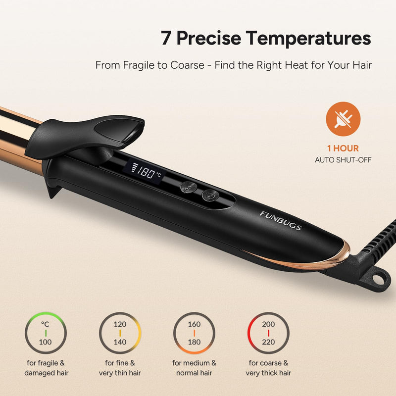 25mm Titanium Curling Tongs - Hair Curler Anodised for Bouncy Curls | 20s Fast Heating | 7 Heat Settings | 1h Auto Shutoff | Polished Curling Iron for Medium Long Hair | Includes Heatproof Bag 25mm